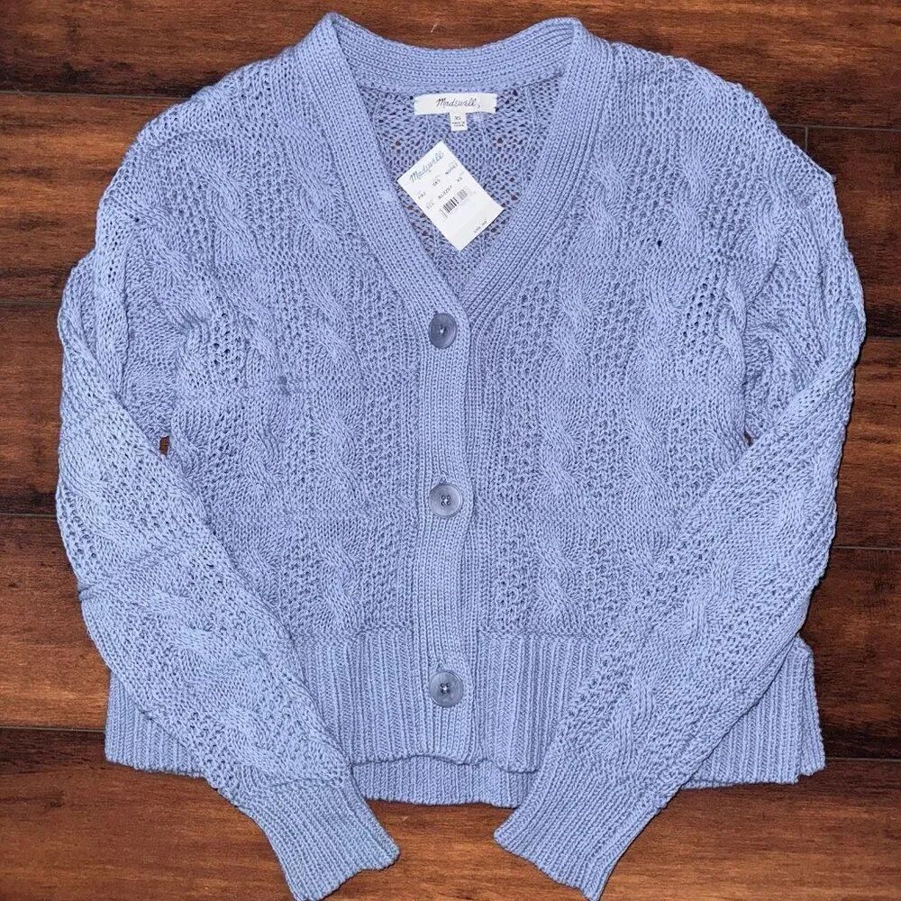 NWT Madewell Cable Knit V Neck Button Front Blue Cotton Cardigan Sweater XS